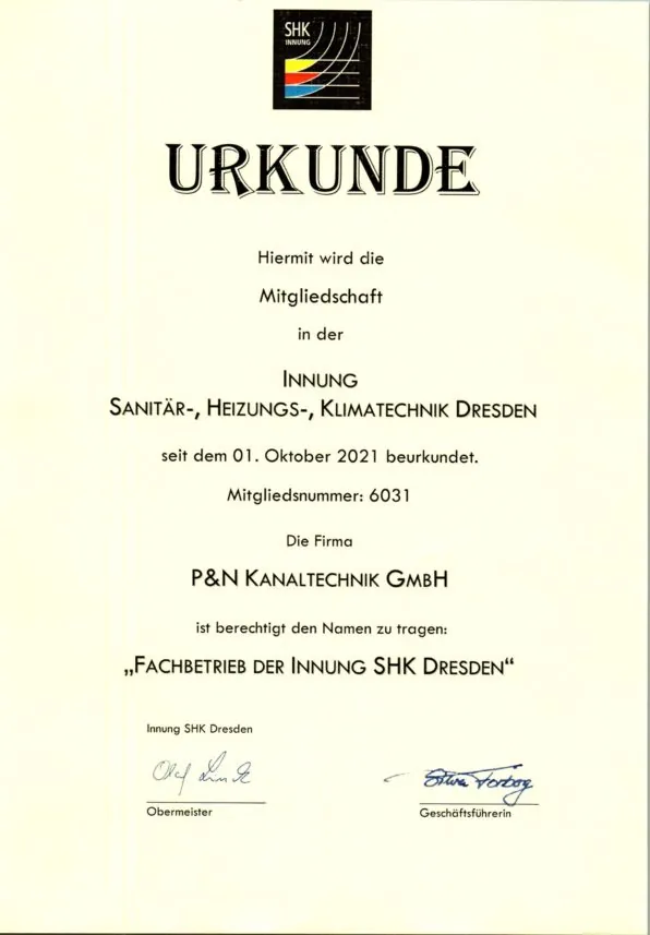 Urkunde des Partnerbetriebs: Innung SHK Dresden